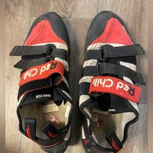 Mens Red Chili Climbing Shoes and chalk bag
